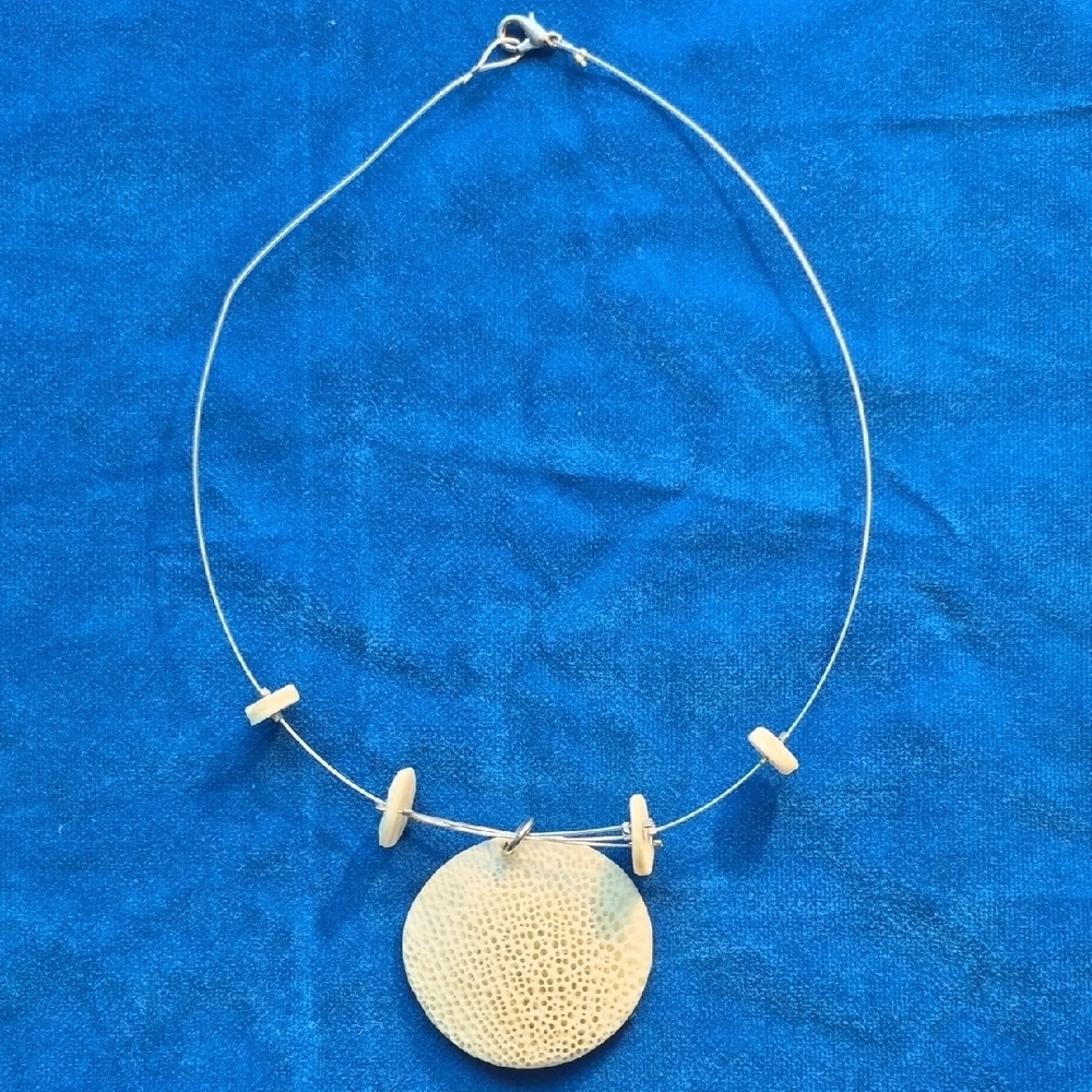 Handcrafted Silver Wire Necklace with Cream Shell Disc Pendant